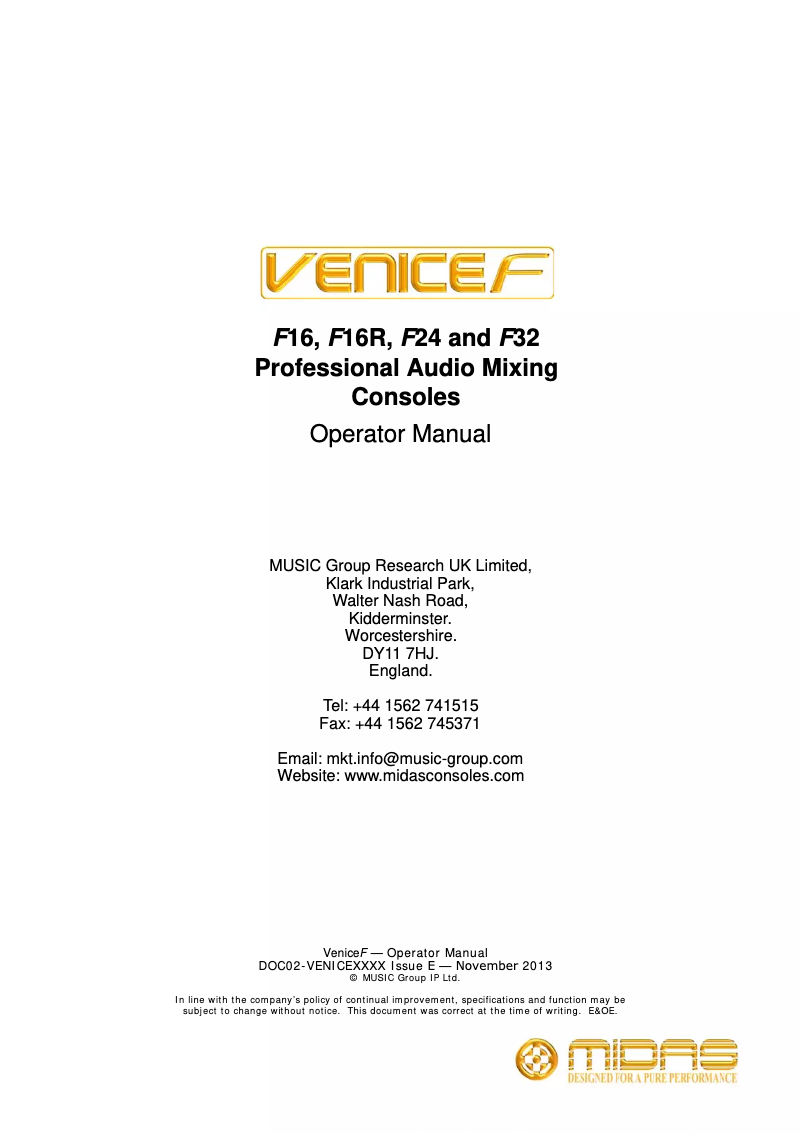 Page n°1 - Manuel utilisateur Midas Venice F24