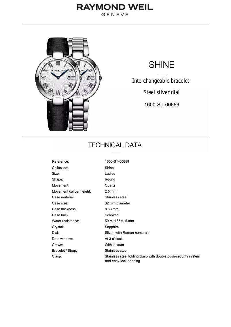 Page 1 de la notice Manuel utilisateur Raymond Weil Shine 1600-ST-00659