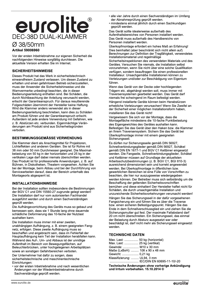 Page 1 de la notice Manuel utilisateur Eurolite DEC-38D