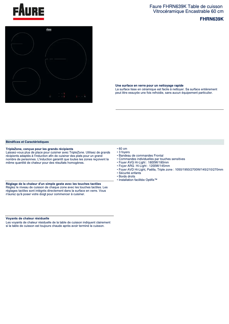 Page n°1 - Fiche technique Faure FHRN639K