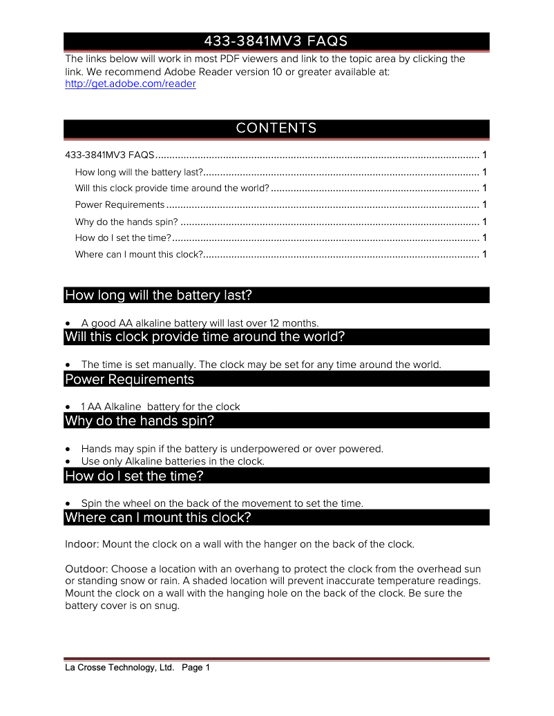 Page 1 de la notice FAQ La Crosse Technology 433-3841MV3