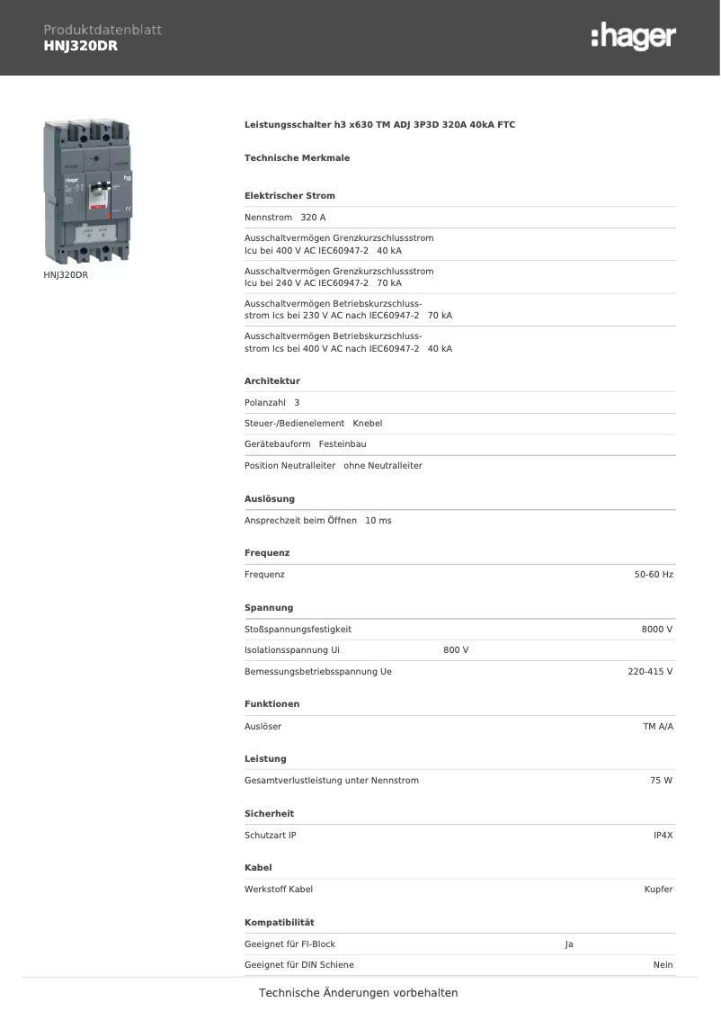 Page n°1 - Fiche technique Hager HNJ320DR