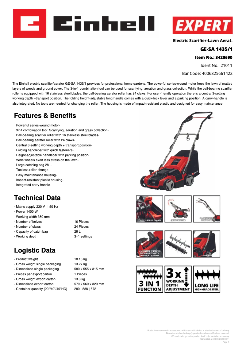 Page n°1 - Fiche technique Einhell GE-SA 1435/1