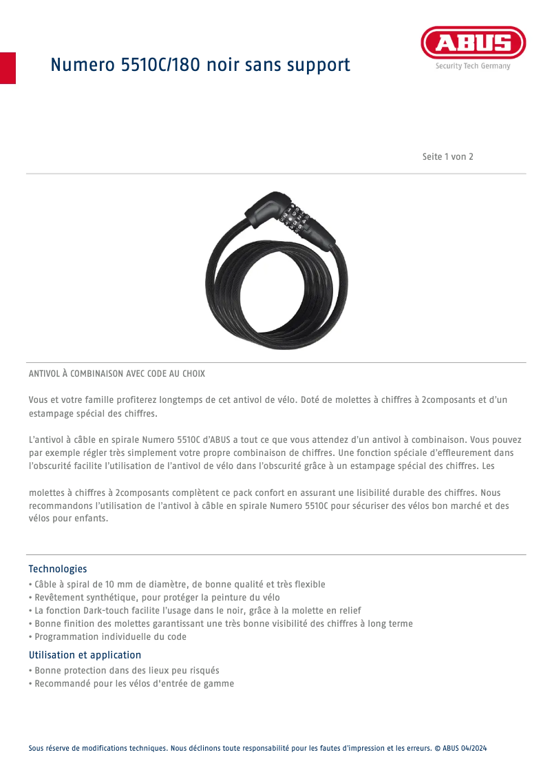 Página 1 del manual Ficha técnica Abus 5510C