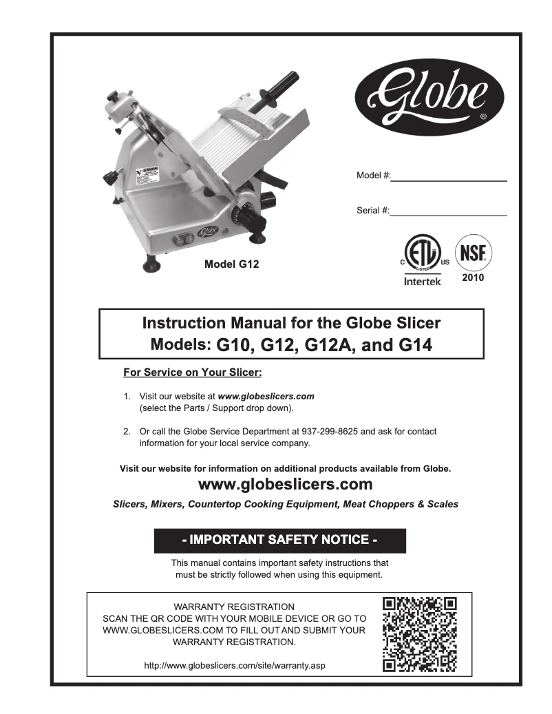 Page n°1 - Manuel d'utilisation et d'entretien Globe G12A