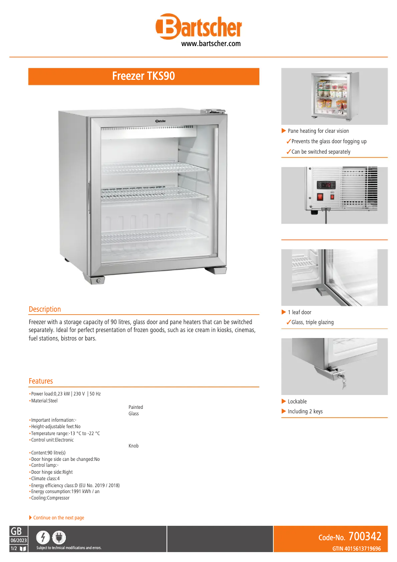 Page 1 de la notice Fiche technique Bartscher TKS90