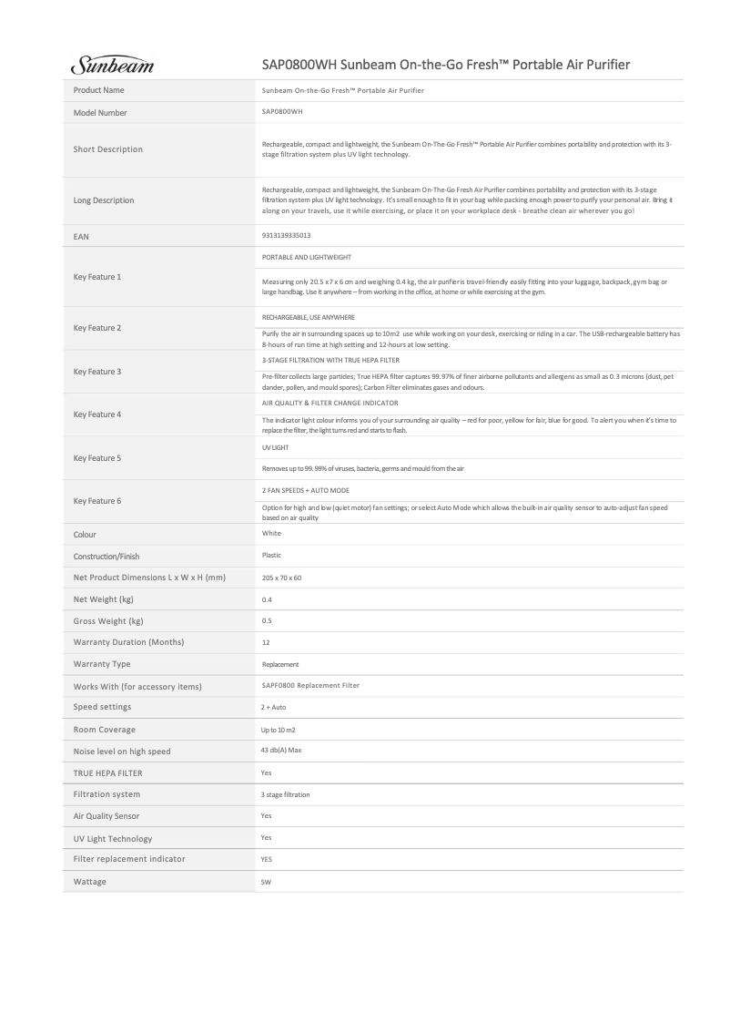 Image de la première page du manuel de l'appareil On-The-Go Fresh SAP0800WH