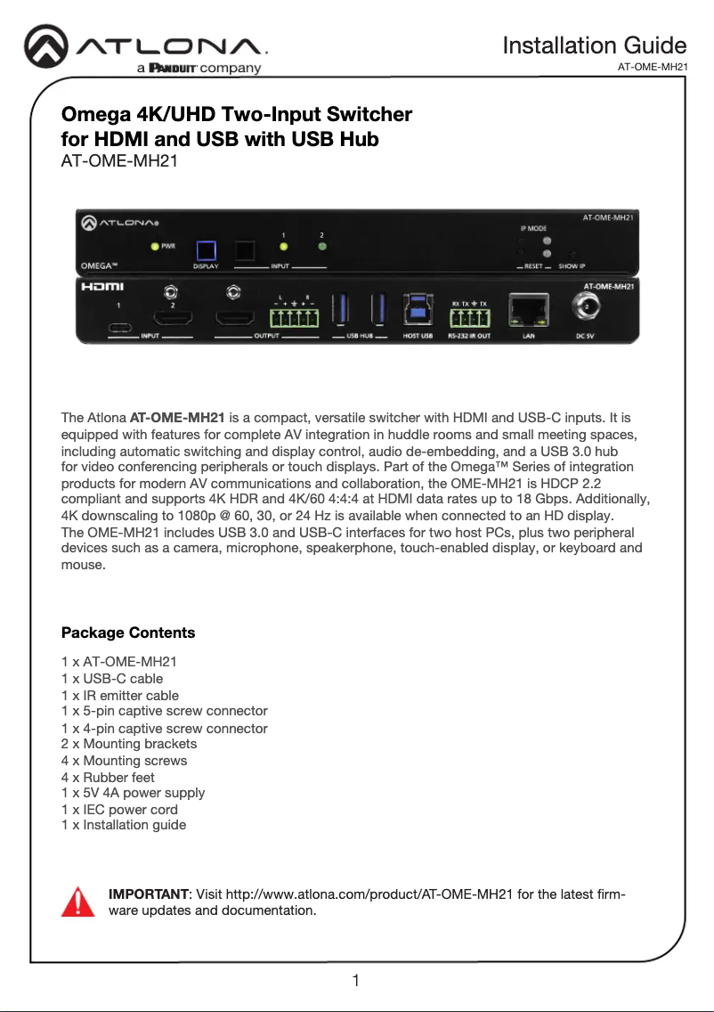 Page 1 de la notice Guide d'installation Atlona AT-OME-MH21
