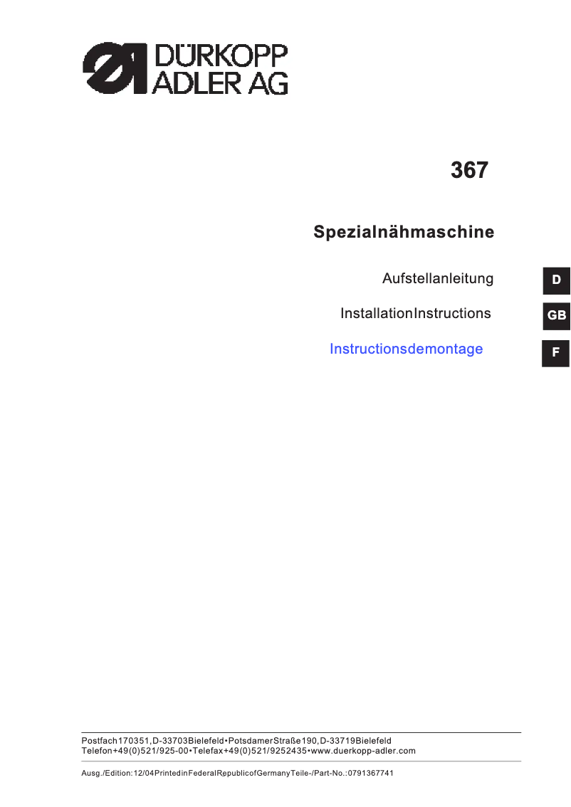 Page 1 of the manual Installation Guide Dürkopp Adler 367