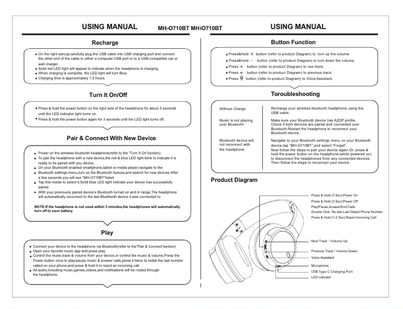 Page 1 de la notice Manuel utilisateur Moonki MH-O710BT