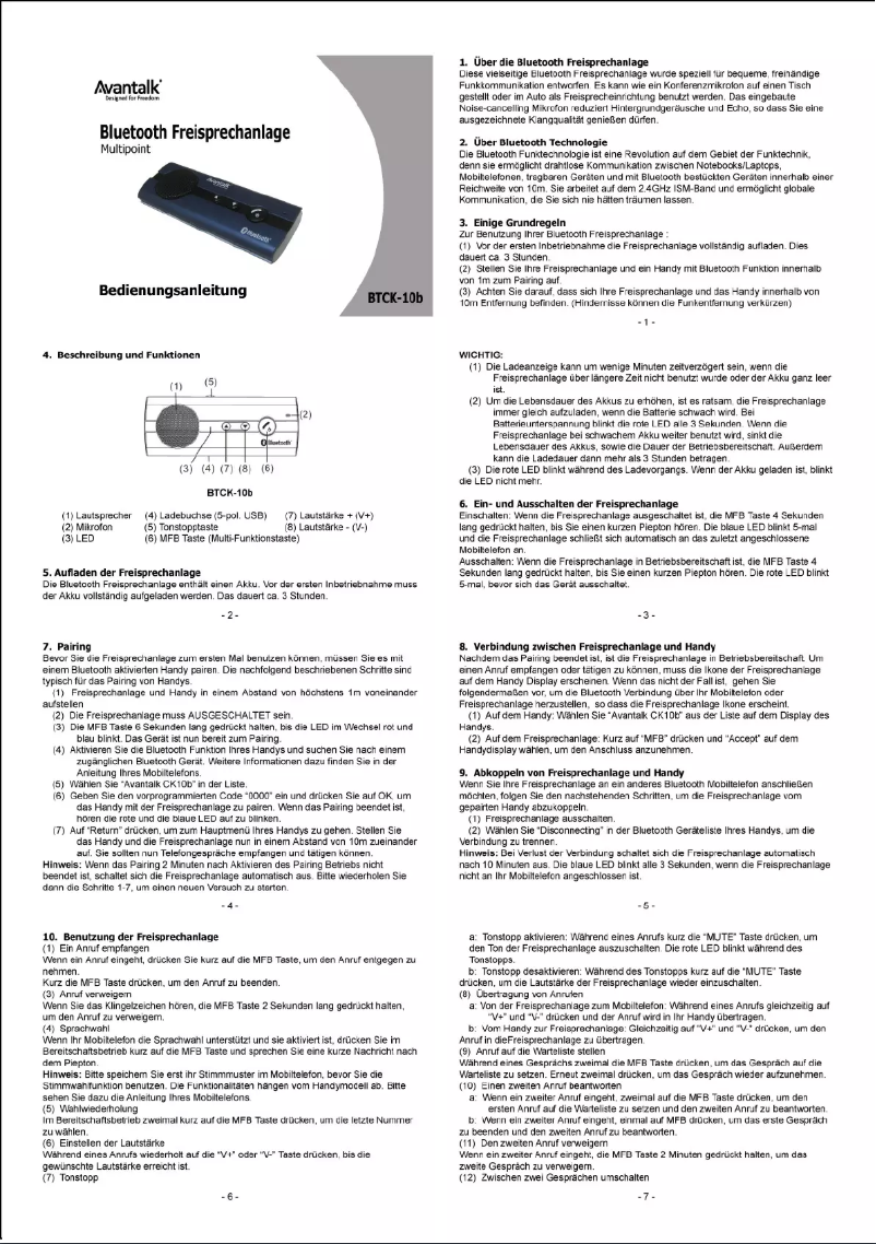 Page n°1 - Manuel utilisateur Avantalk BTCK-10B