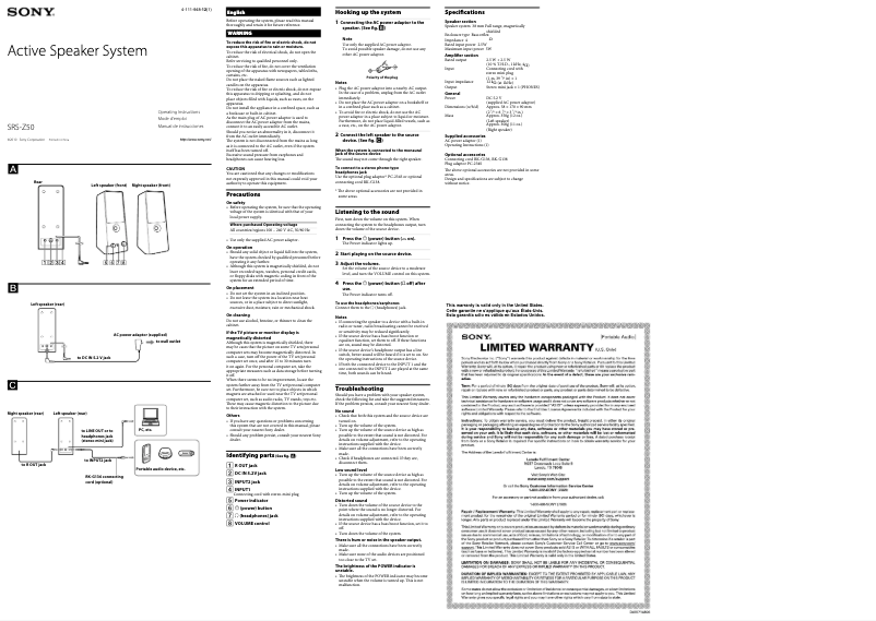 Page 1 de la notice Manuel utilisateur Sony SRS-Z50