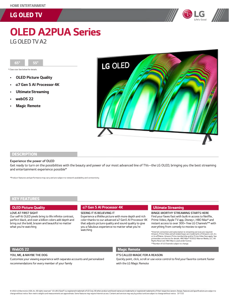 Page 1 de la notice Fiche technique LG OLED65A2PUA