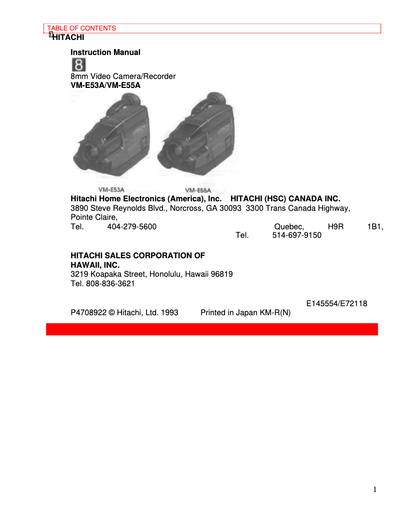 Page n°1 - Manuel utilisateur Hitachi VM-E55A