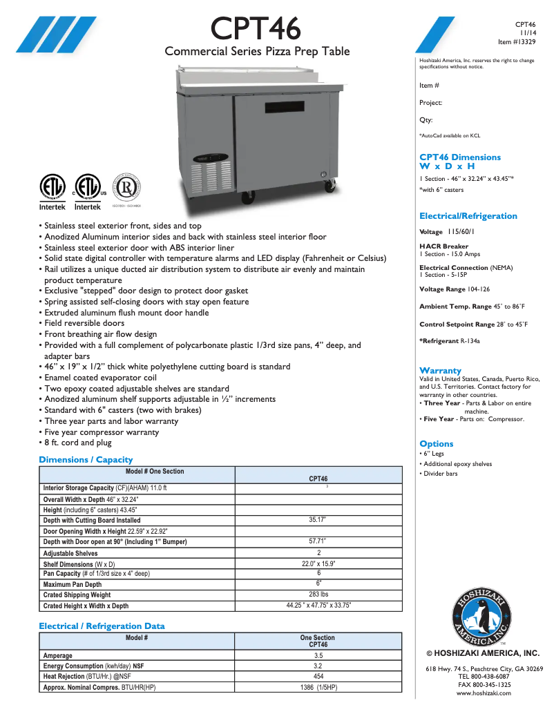 Page 1 de la notice Fiche technique Hoshizaki CPT46