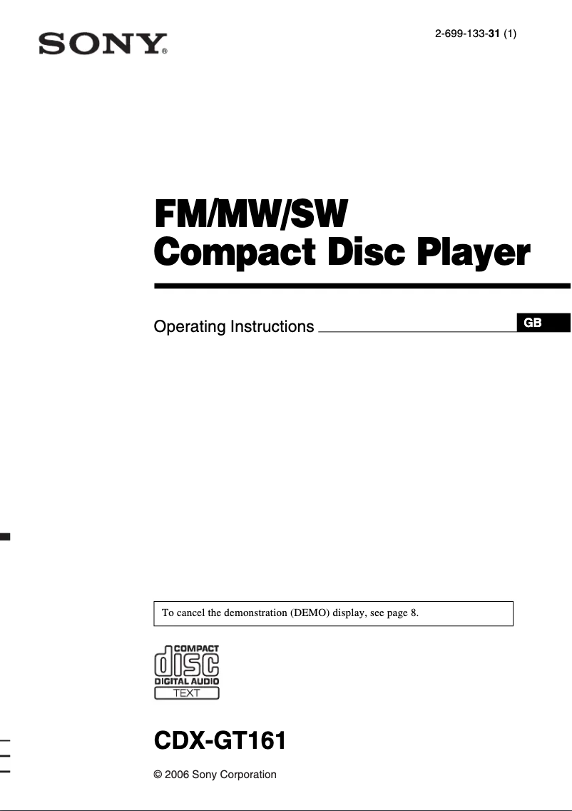 Image de la première page du manuel de l'appareil CDX-GT161