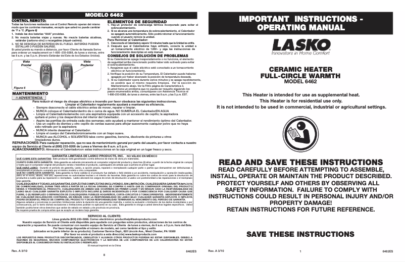 Page 1 de la notice Manuel utilisateur Lasko 6462