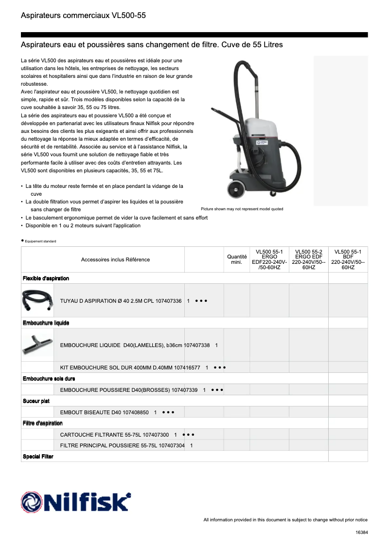 Página 1 del manual Ficha técnica Nilfisk VL500