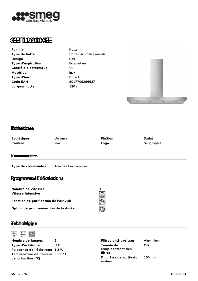 Page 1 de la notice Fiche technique Smeg KBT1200XE