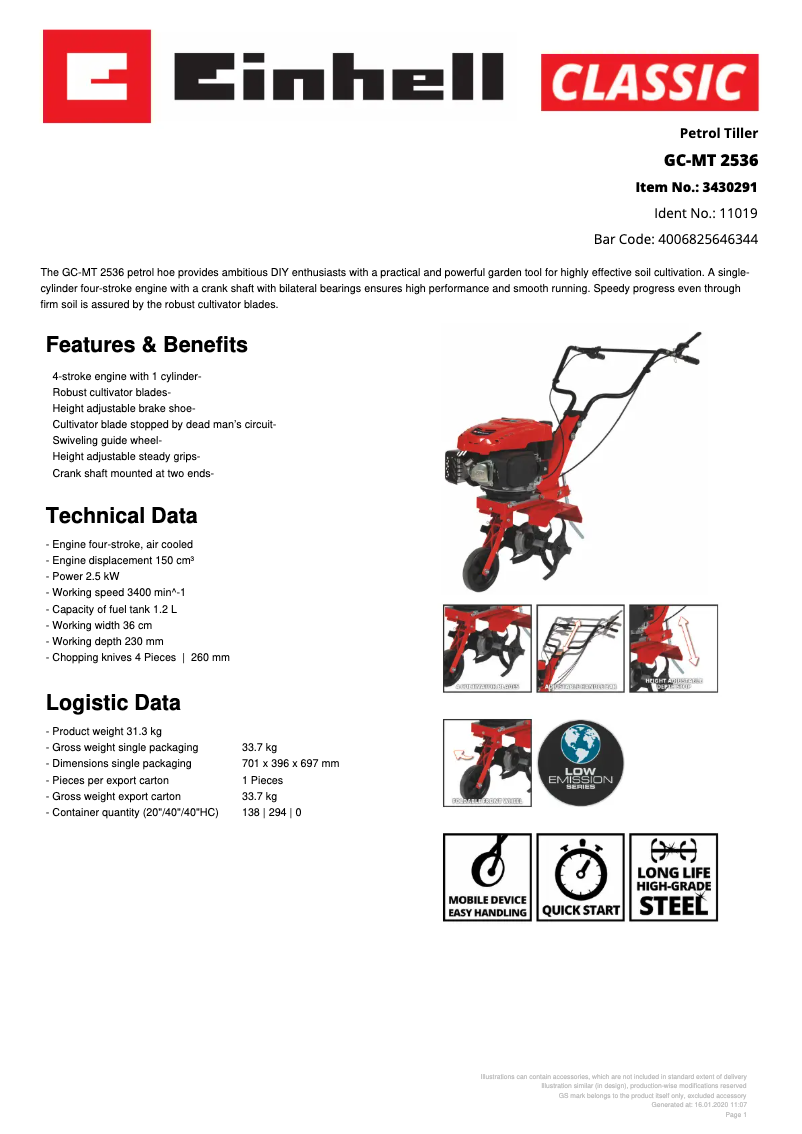 Page 1 de la notice Fiche technique Einhell GC-MT 2536