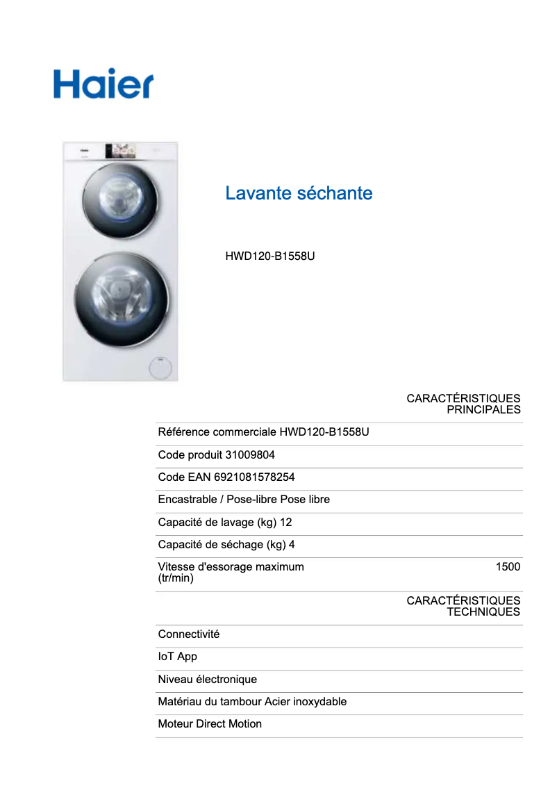 Page 1 de la notice Manuel utilisateur Haier HWD120-B1558U