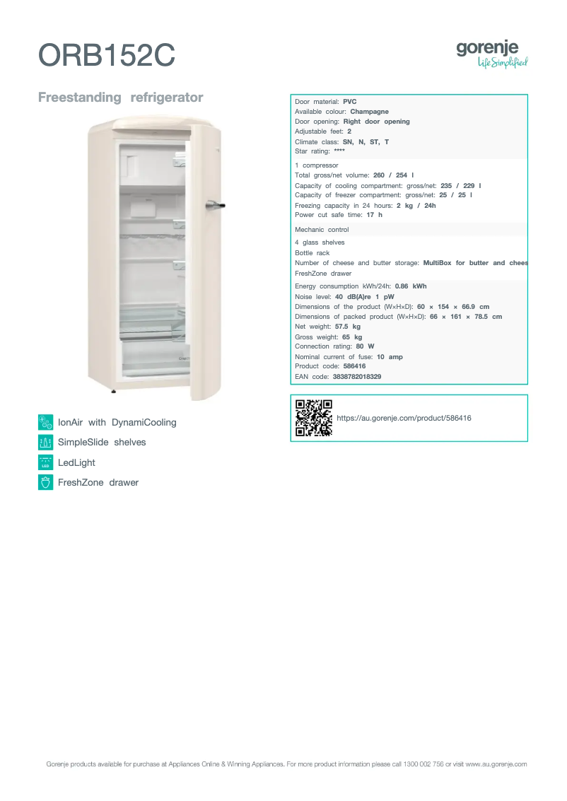 Page n°1 - Fiche technique Gorenje ORB152C