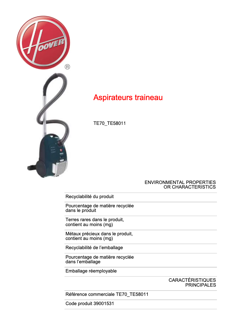 Page n°1 - Fiche technique Hoover Telios Plus TE70_TE58011