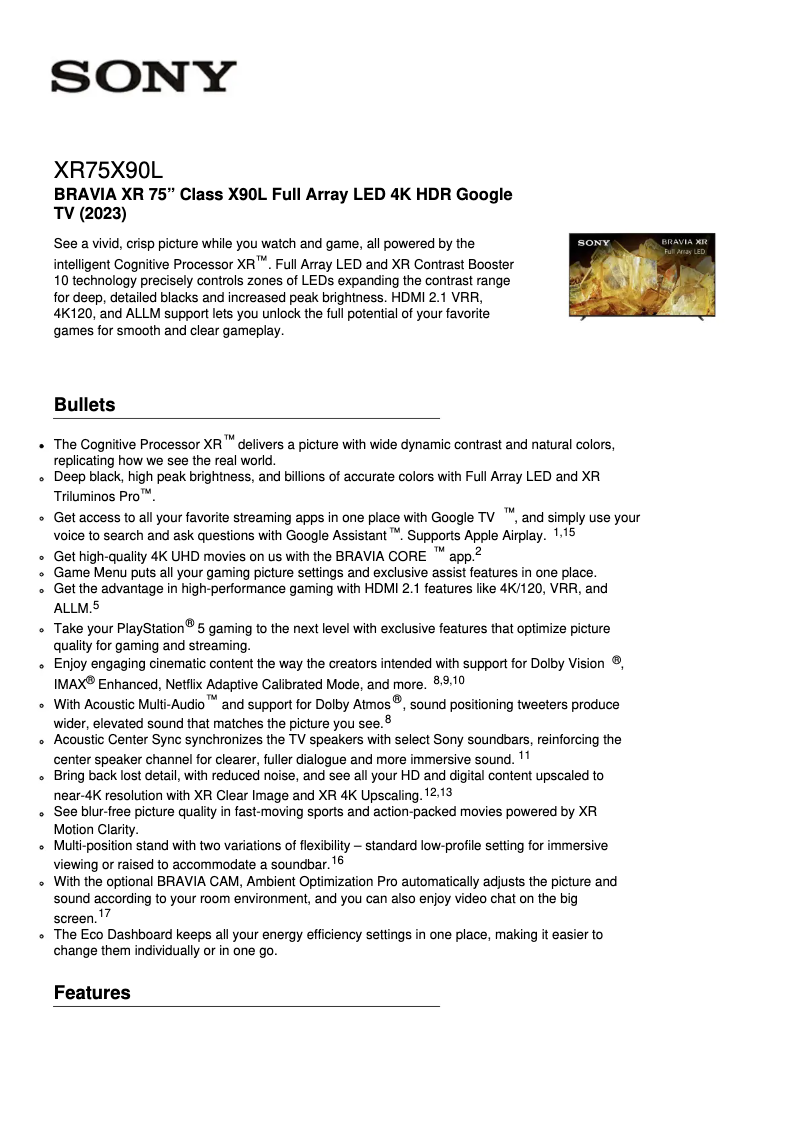 Página 1 del manual Ficha técnica Sony XR-75X90L