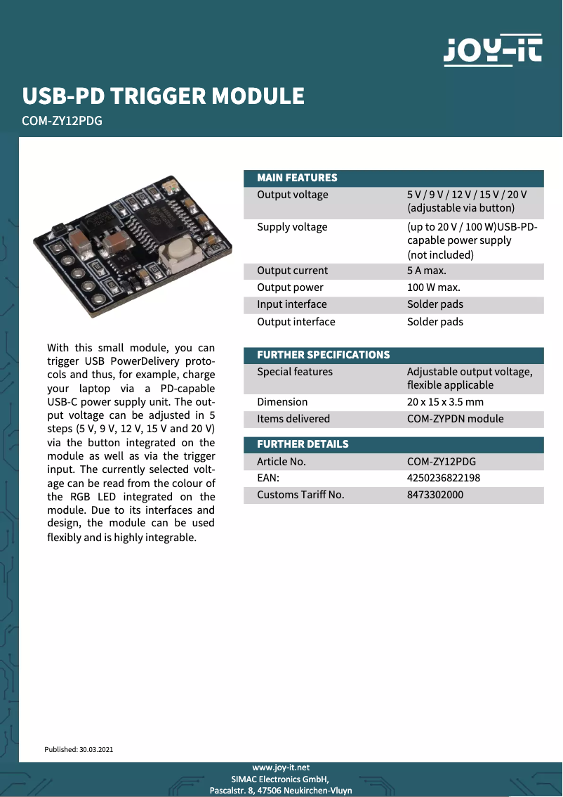 Page 1 de la notice Fiche technique Joy-It COM-ZY12PDG