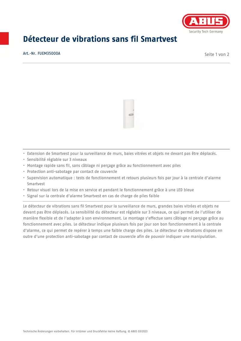 Page 1 de la notice Fiche technique Abus Smartvest