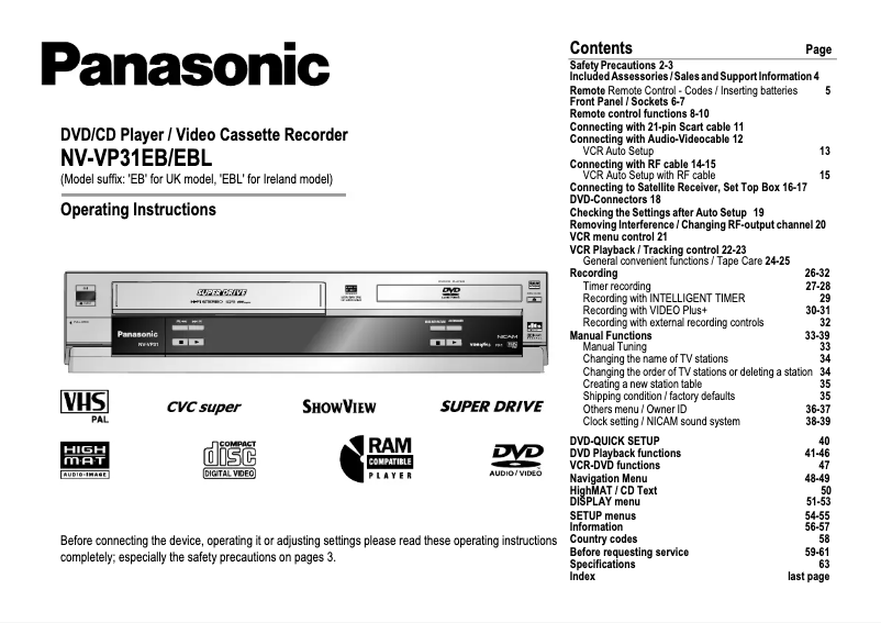 Page 1 of the manual User Manual Panasonic NV-VP31EB