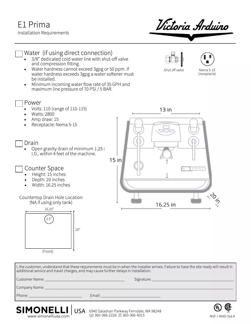 Page n°1 - Fiche technique Victoria Arduino E1 Prima