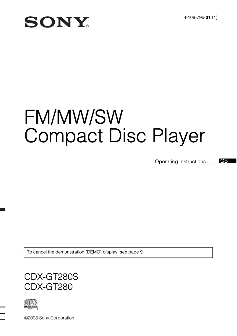 Page 1 de la notice Manuel utilisateur Sony CDX-GT280S