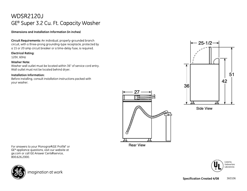 Página 1 del manual Ficha técnica GE WDSR2120JWW