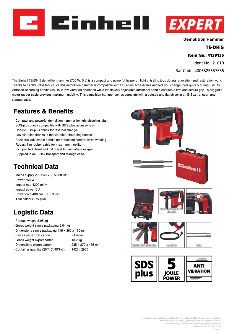 Page n°1 - Fiche technique Einhell TE-DH 5