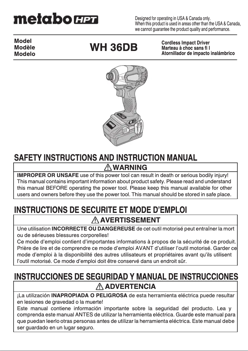 Page 1 de la notice Manuel utilisateur Metabo WH36DB