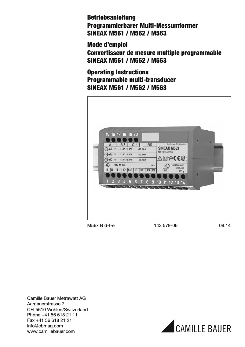 Page 1 de la notice Manuel utilisateur Camille Bauer Sineax M561