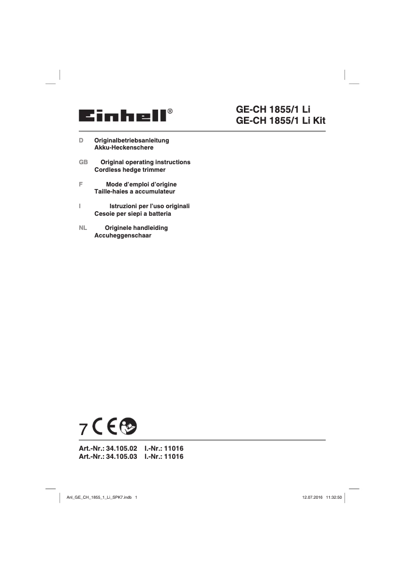 Page 1 de la notice Manuel utilisateur Einhell GE-CH 1855/2 Li Kit
