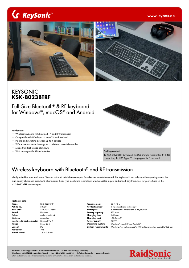 Page n°1 - Fiche technique KeySonic KSK-8023BTRF