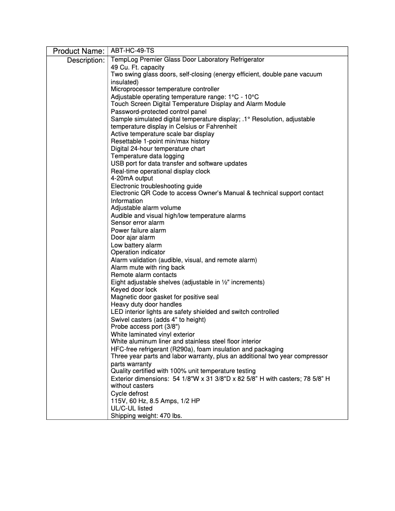Page 1 de la notice Manuel utilisateur American BioTech Supply ABT-HC-49-TS