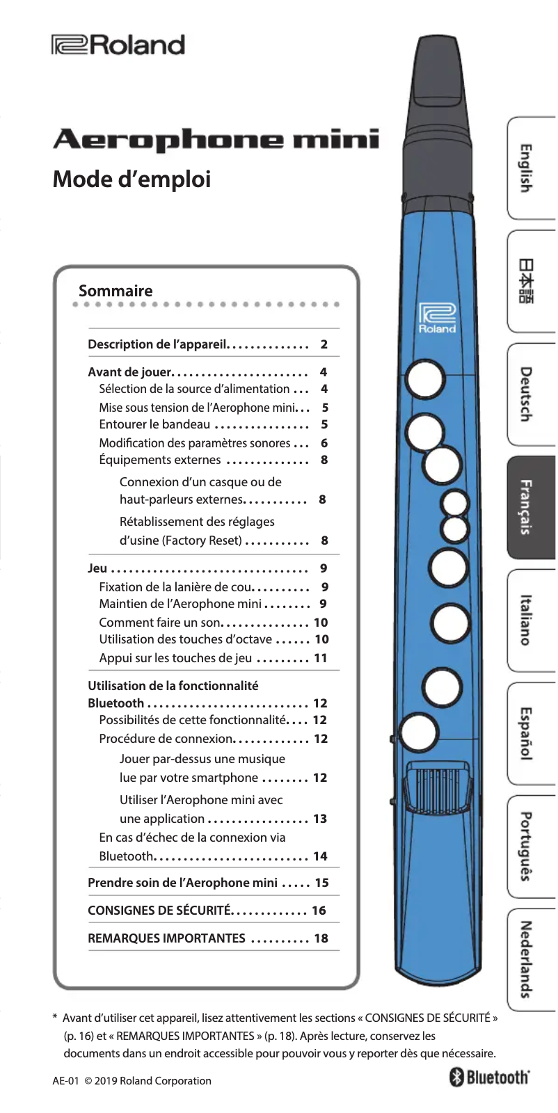 Page 1 de la notice Manuel utilisateur Roland Aerophone mini