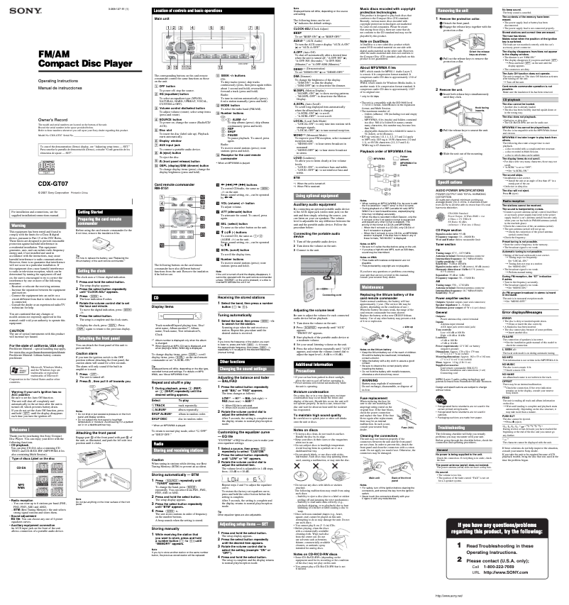 Page 1 de la notice Manuel utilisateur Sony CDX-GT07