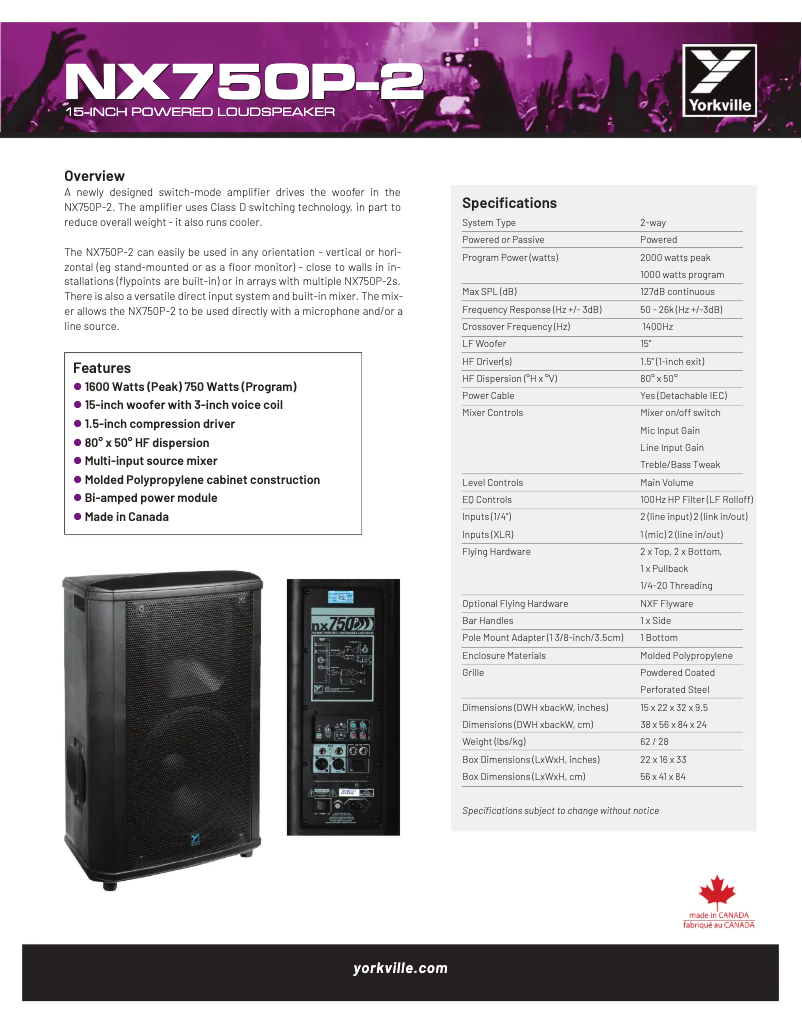 Page 1 de la notice Fiche technique Yorkville NX750P