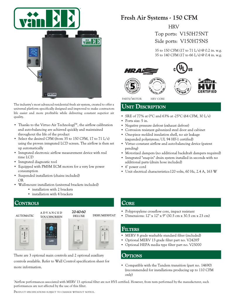 Page 1 de la notice Fiche technique vänEE V150H75NS