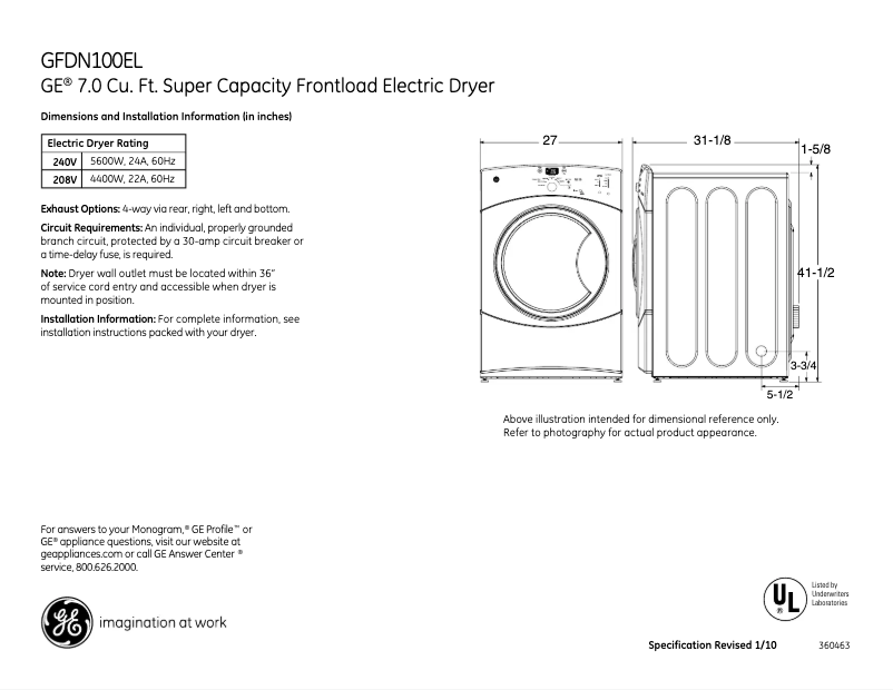 Page 1 of the manual Technical Sheet GE GFDN100ELWW