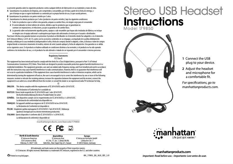 Page n°1 - Mode d'emploi Manhattan Stereo USB Headset 179850