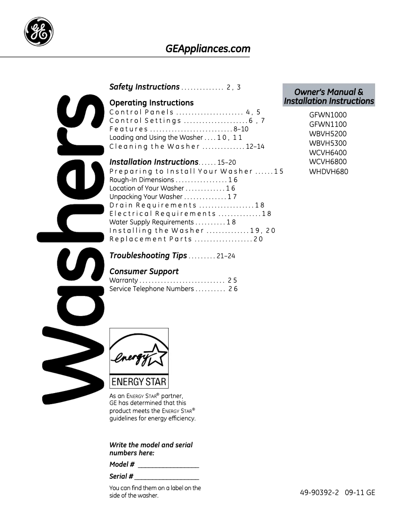 Page 1 de la notice Manuel d'utilisation et d'entretien GE WCVH6800JMR
