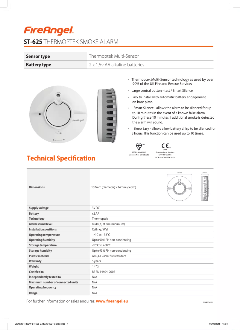 Page 1 de la notice Fiche technique FireAngel ST-625