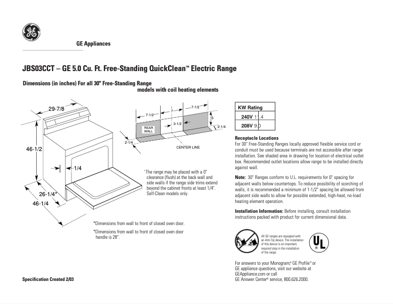 Page 1 de la notice Fiche technique GE JBS03CCT