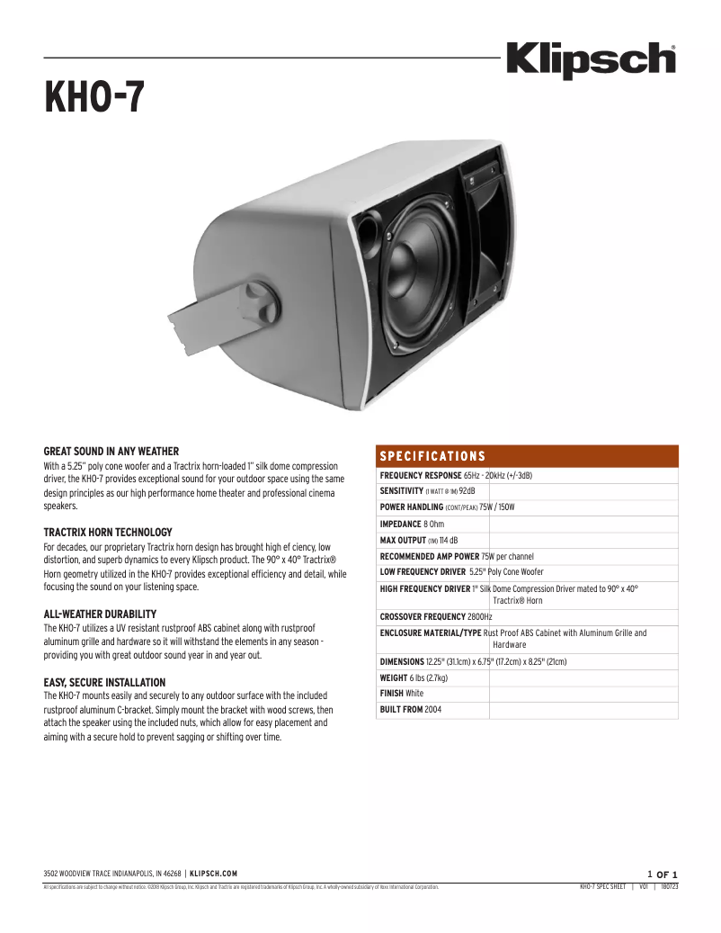Page 1 de la notice Fiche technique Klipsch KHO-7